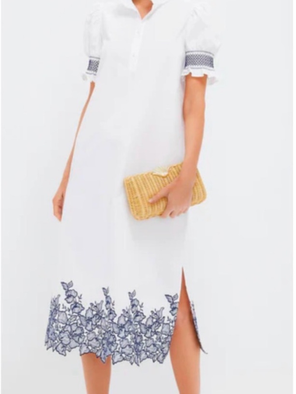 White Midi Dress with Blue Floral Border Embroidery